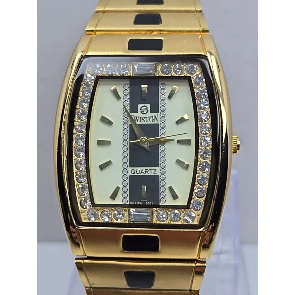 Swiston SW2001M Mens 18K Electro Plated Gold Crystal Tank Watch New Battery